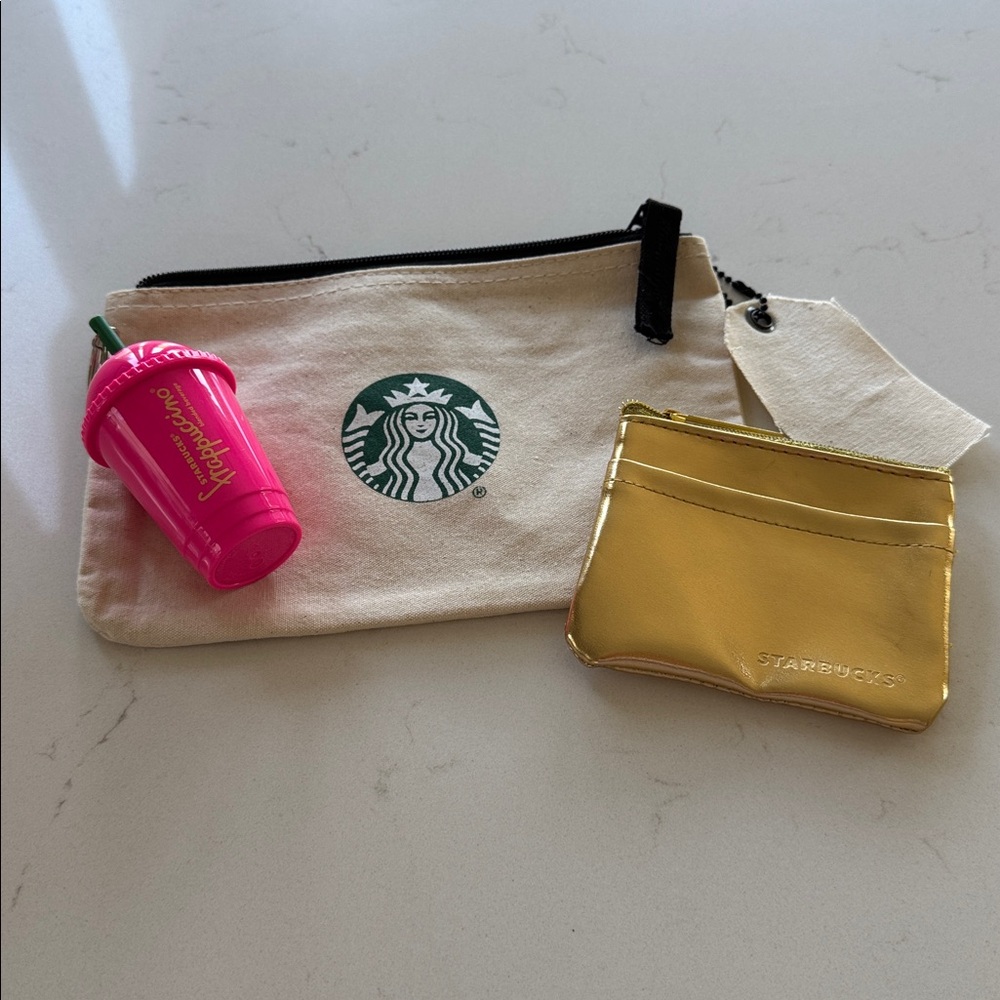 Starbucks Cream and gold Pouchs with Pink Frappuccino Charm New! ✨